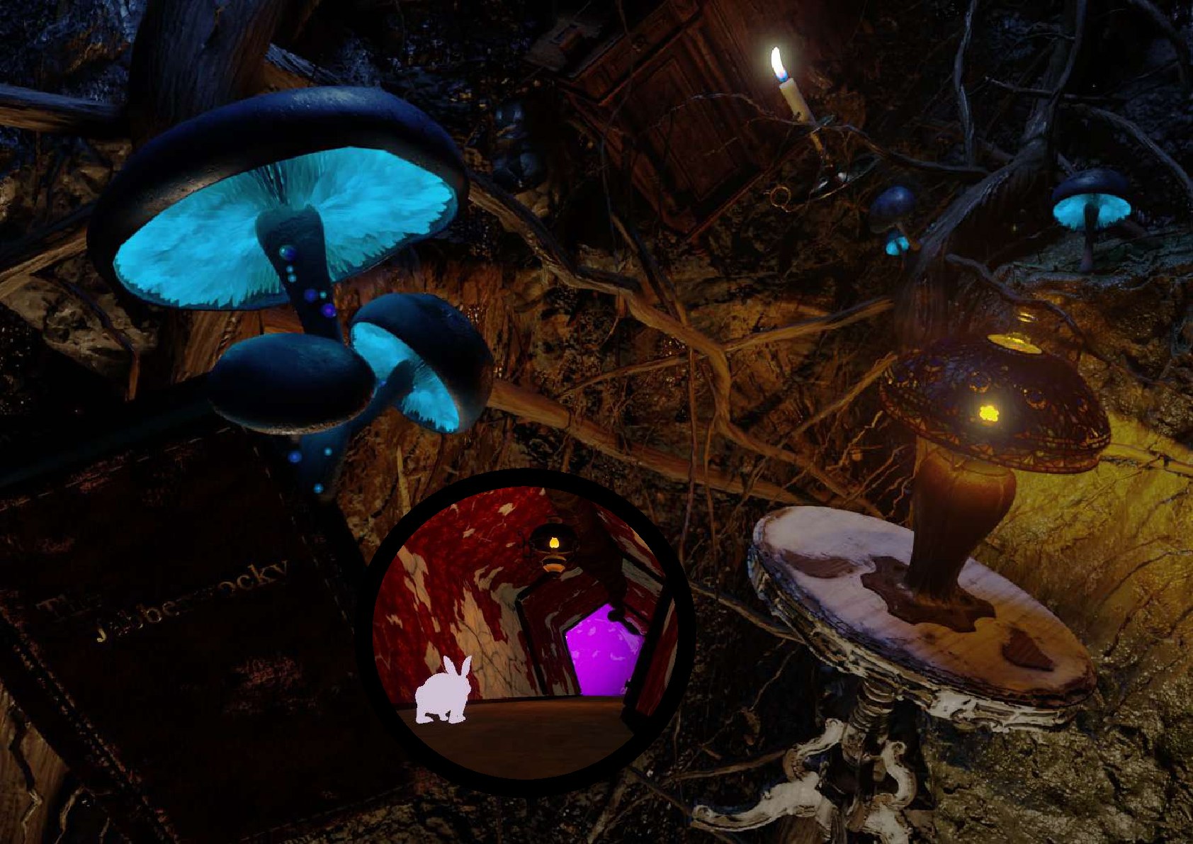 A virtual forest from We are Alice with luminous blue mushrooms and a circular inset showing the white rabbit.