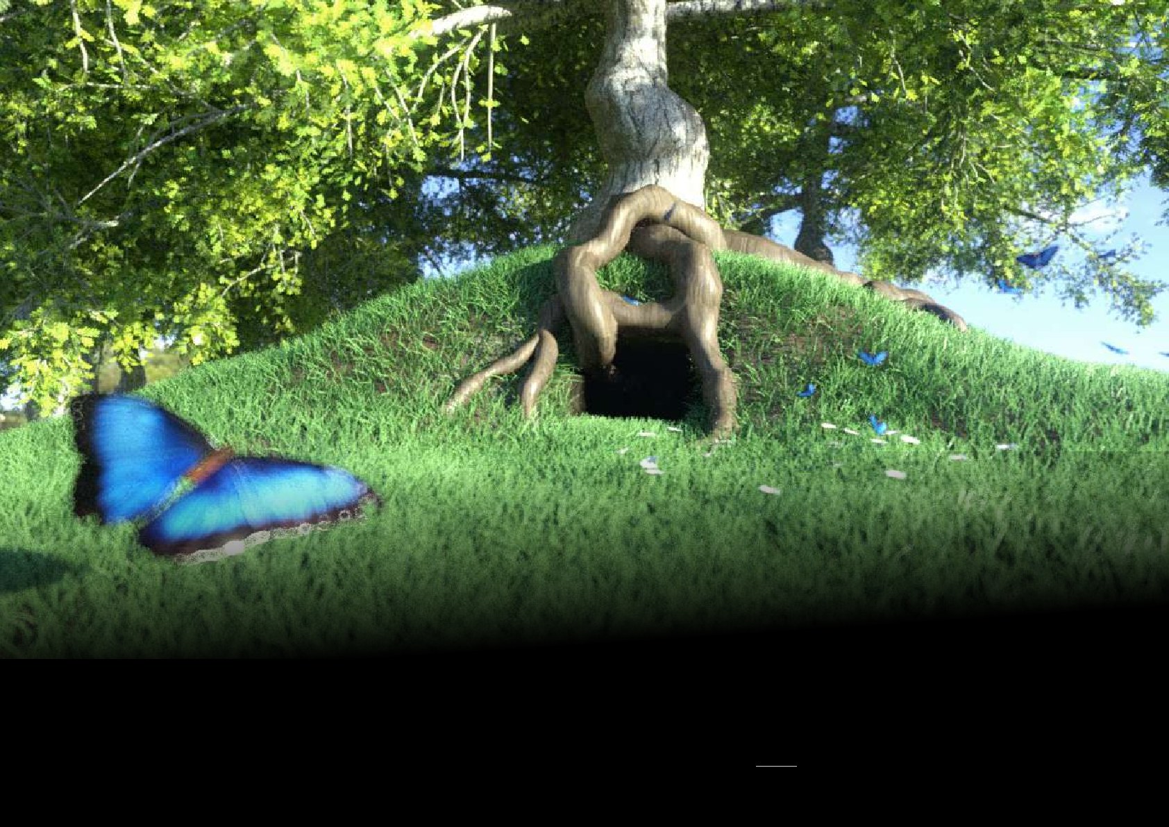 A bright virtual landscape from We are Alice with grass, butterflies and a doorway formed by tree roots.