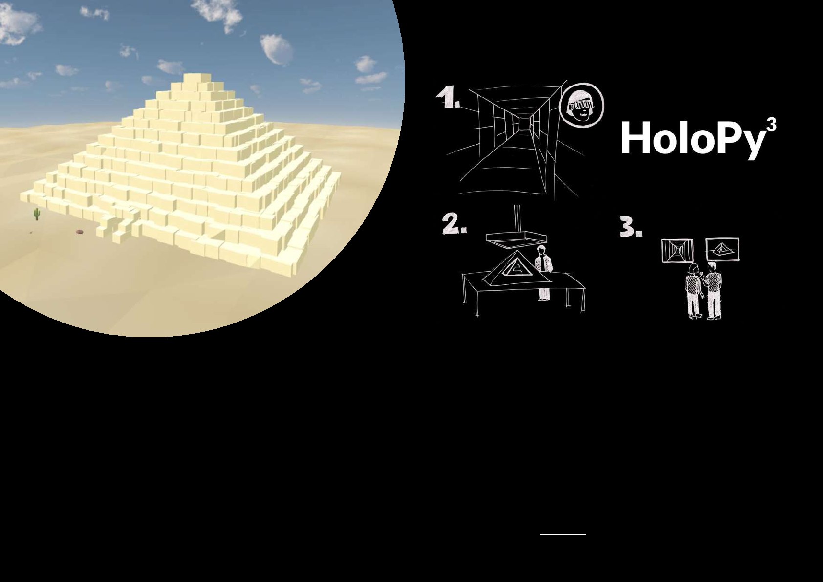 A split composition showing the HoloPy³ desert world and hand-drawn diagrams of its three perspectives.