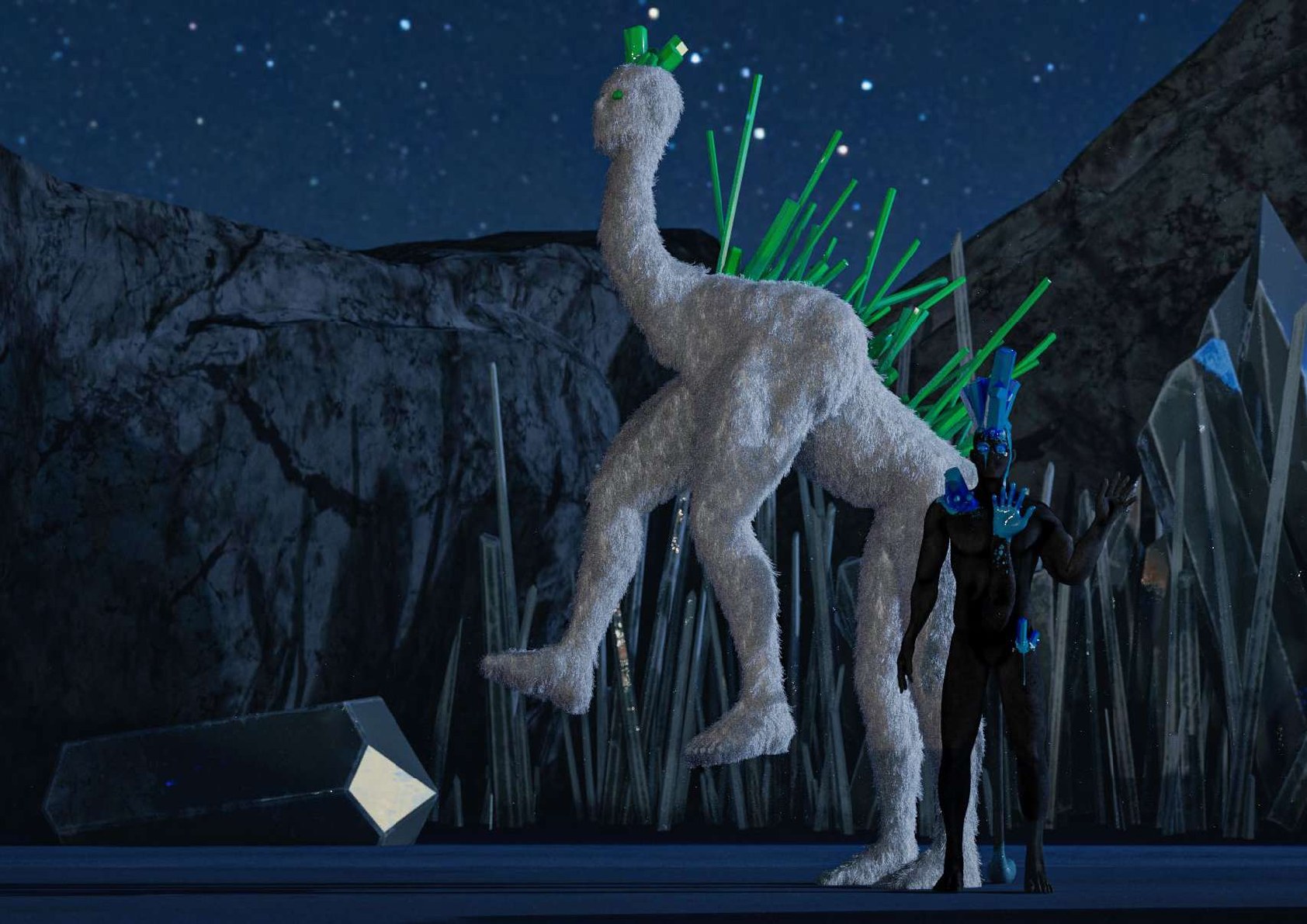 Two non-human virtual avatars standing in a dark crystalline environment.