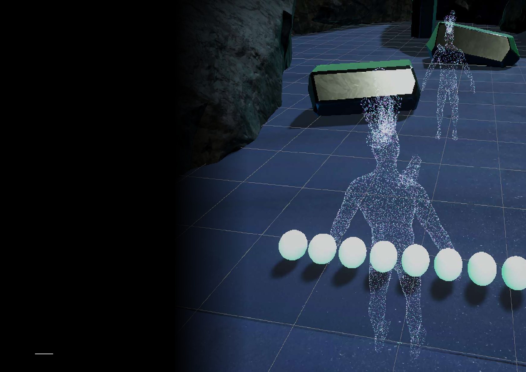 A many-bodied translucent avatar interacting with a line of luminous spheres in virtual reality.