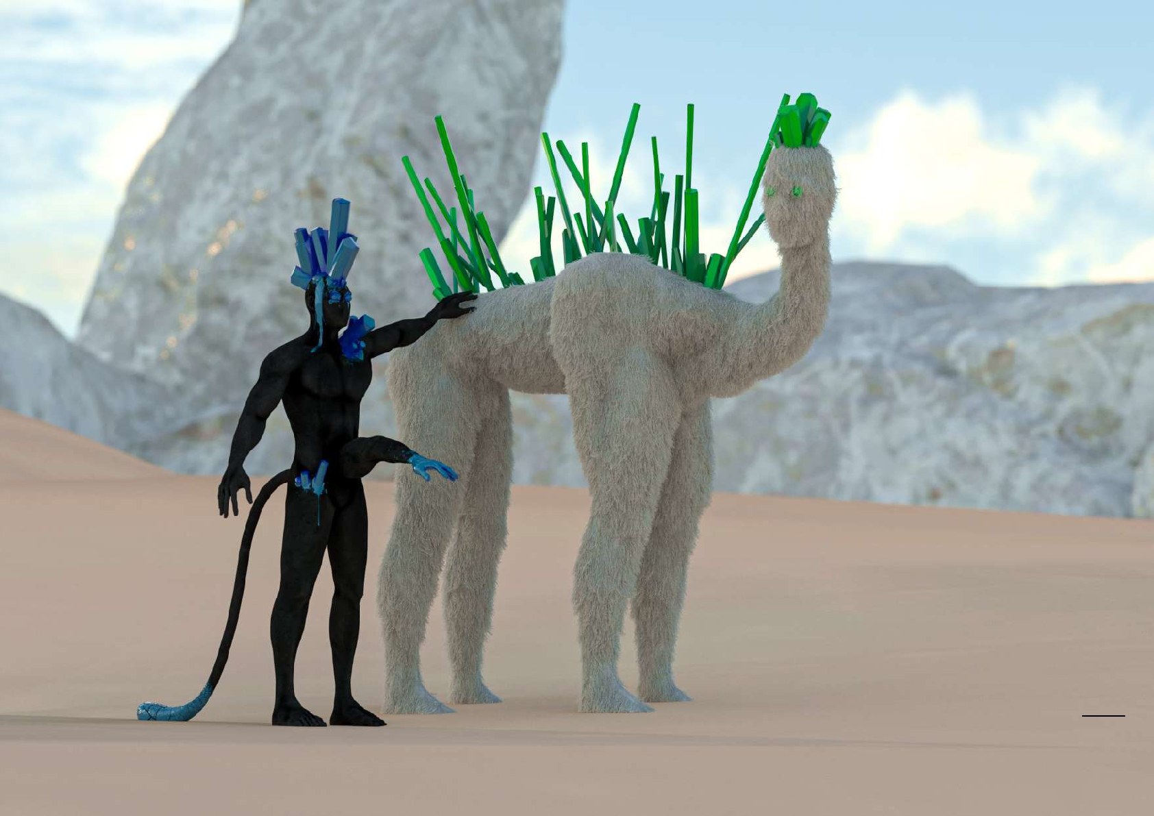 Ponyboy, a large pale horse-like avatar, standing beside a dark human-scale avatar in a desert world.