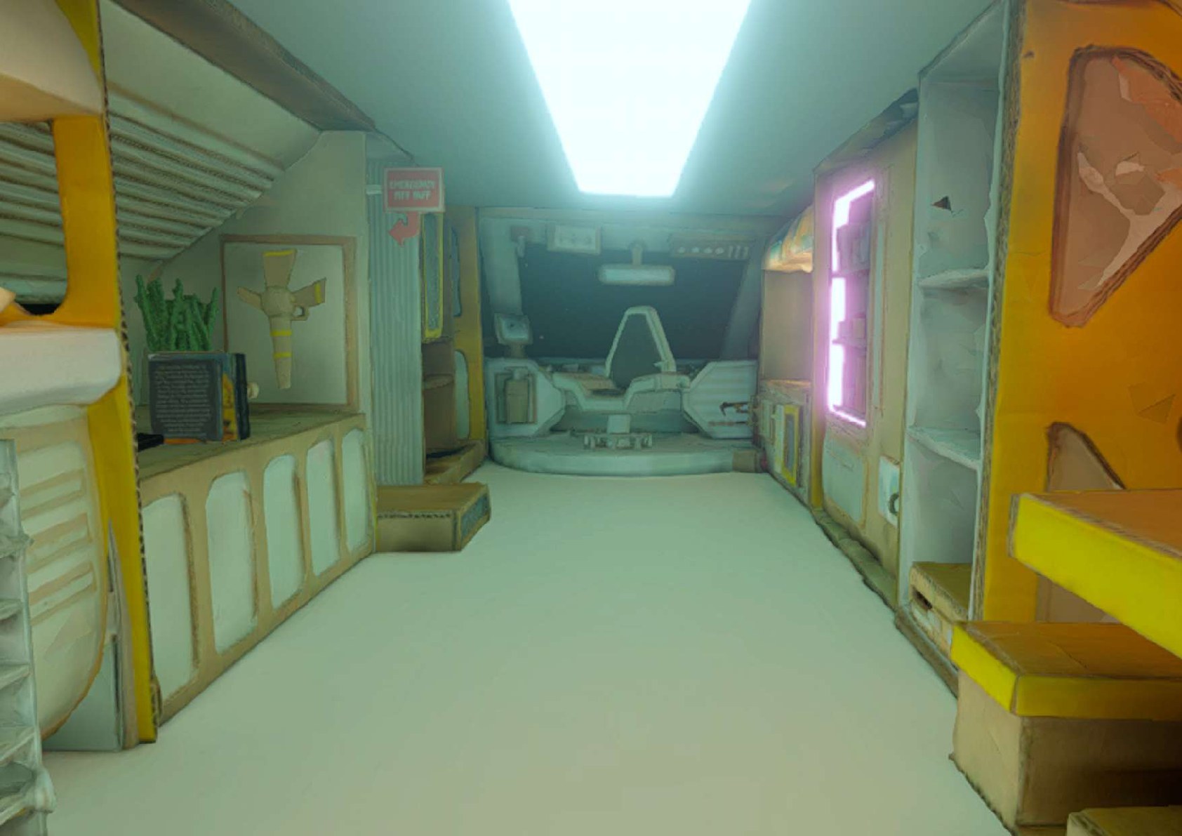 The stylised yellow interior of a cardboard space shuttle translated into virtual reality.