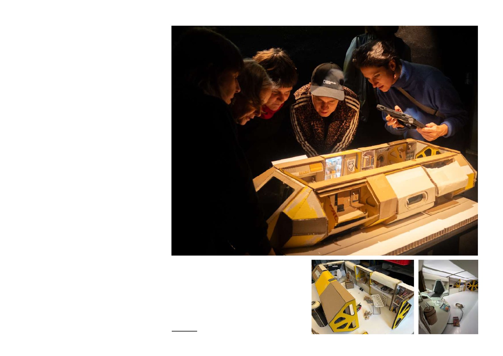 A group gathered around the handmade cardboard space shuttle with two detail views of the model and its virtual interior.